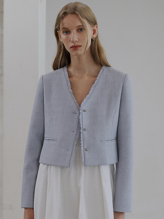 Harry Collarless Tweed Jacket [Sky Blue]