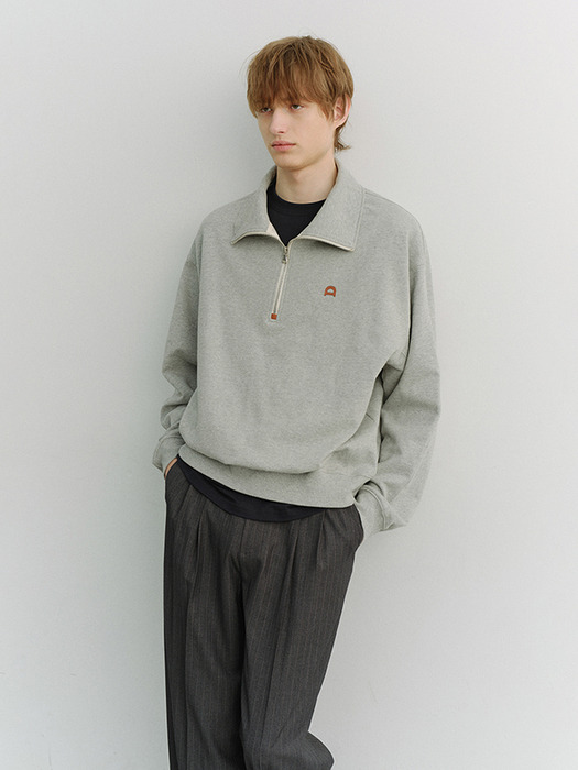 UNISEX LEATHER LOGO HALF ZIP-UP SWEATSHIRT MELANGE GREY_M_UDTS6A107G2