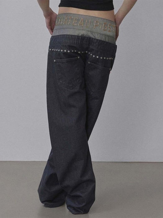 스컬프터]Beaded Layered Denim Pants Nonfade Gray