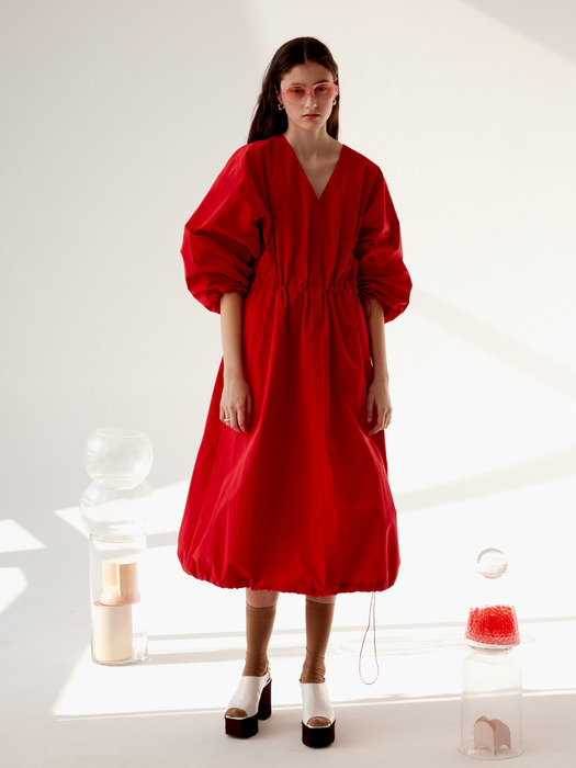 PUFF SLEEVE STRING DRESS - RED