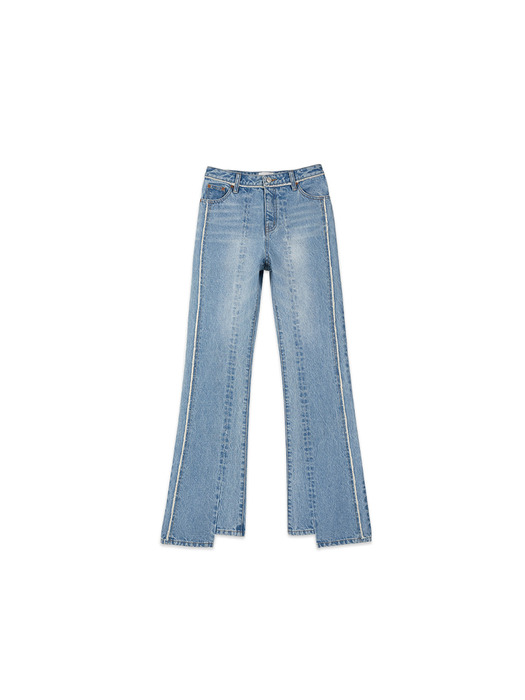 UNBALANCED PANEL RAW-CUT JEANS apa328w(BLUE)