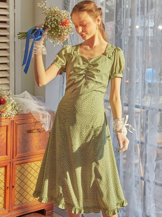 Floral Shirring Midi Dress_ Green