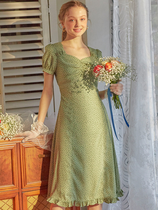 Floral Shirring Midi Dress_ Green