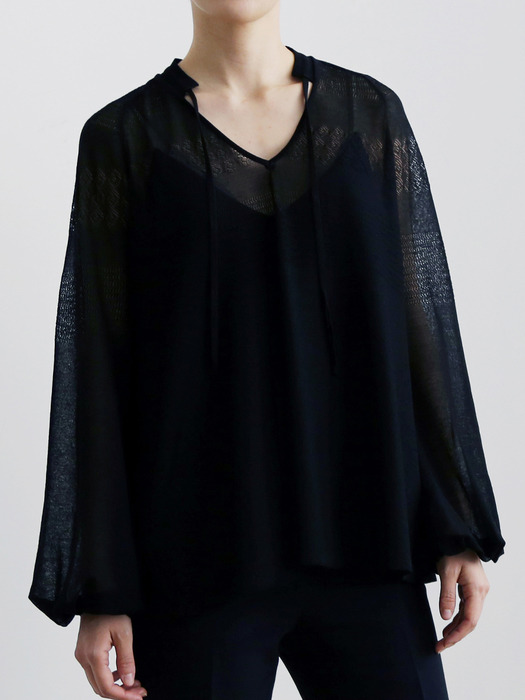 Seethrough Knit Pullover + Slip Top SET Black