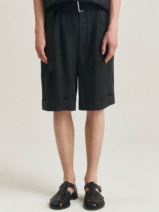 Rouen Linen Crepe Belted Halfpants (Set-up) - Black