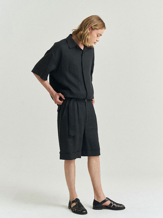 Rouen Linen Crepe Belted Halfpants (Set-up) - Black