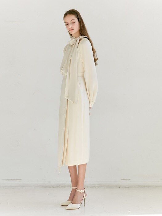 [미전시]RAINA Round neck scarf wrap dress (Cream Beige)
