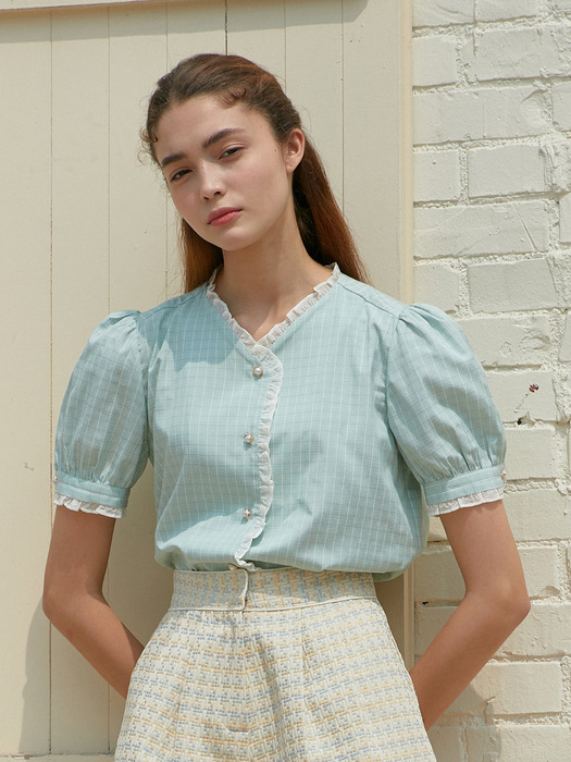 AMR1078 Striped lace line blouse (mint)