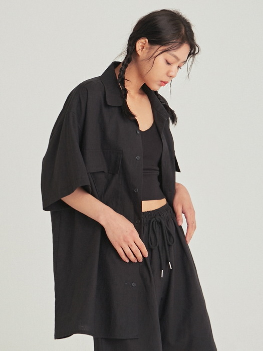 SAFARI LINEN HALF SHIRT_BLACK