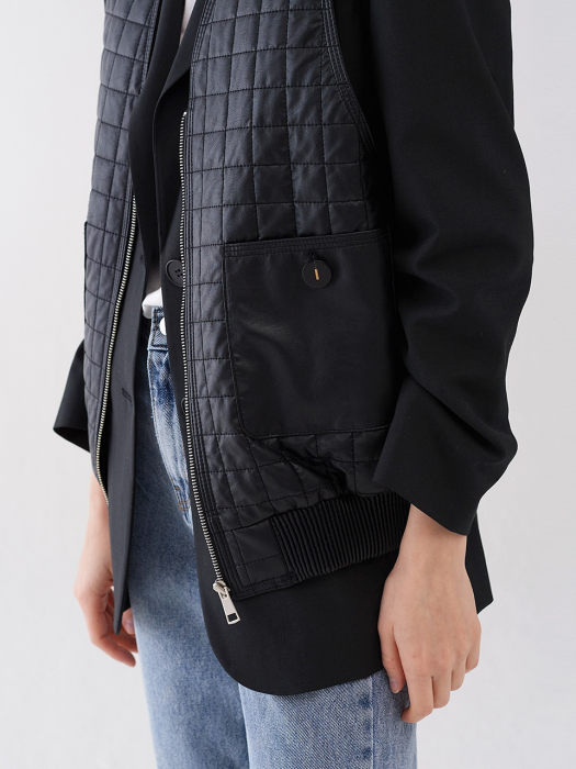 ECO LEATHER QUILTING ZIP UP VEST BLACK