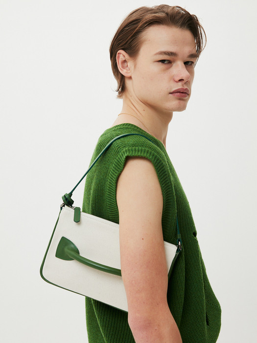 Handle Detail Shoulder Bag / Canvas + Green Leather 