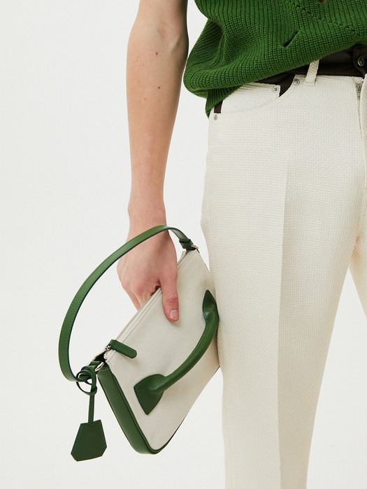 Handle Detail Shoulder Bag / Canvas + Green Leather 