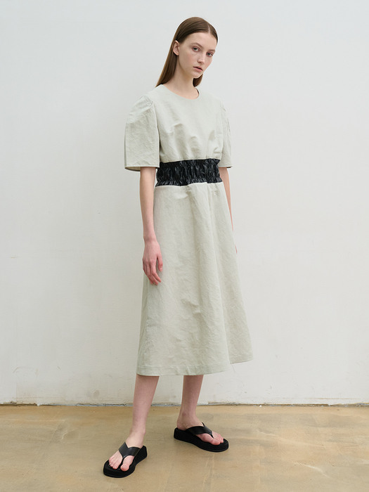 Linen-blend shirred waist dress
