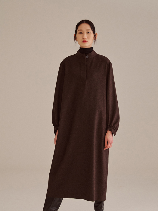 BROWN WOOL VOLUME SLEEVE DRESS