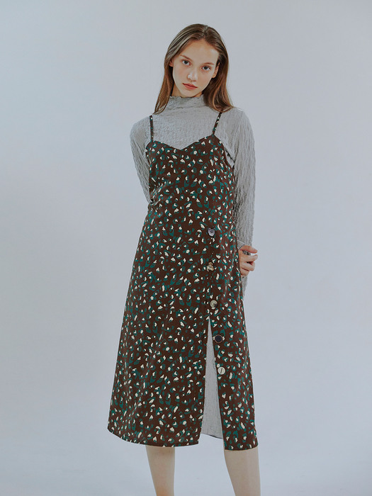 Slip Button Pattern Dress, Brown