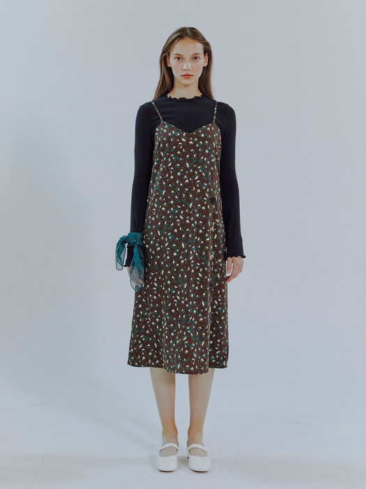 Slip Button Pattern Dress, Brown