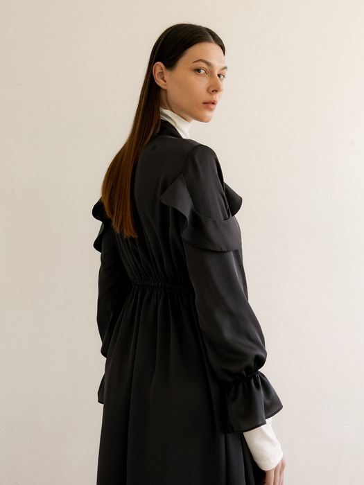 RUFFLE POINT MAXI DRESS - CHARCOAL BLACK