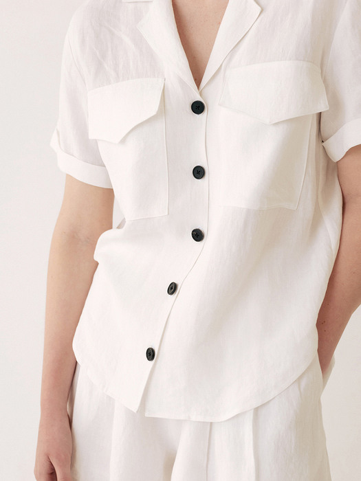 Linen Convertible Collar Half Shirt White