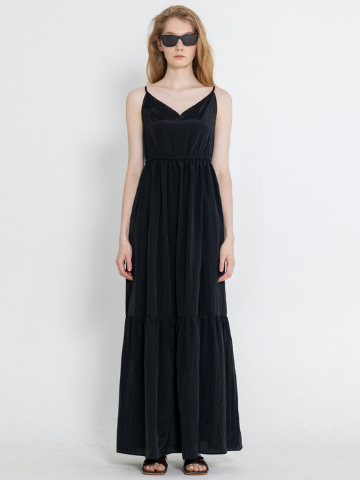 V neck Sleeveless Tiered Long Dress_Black