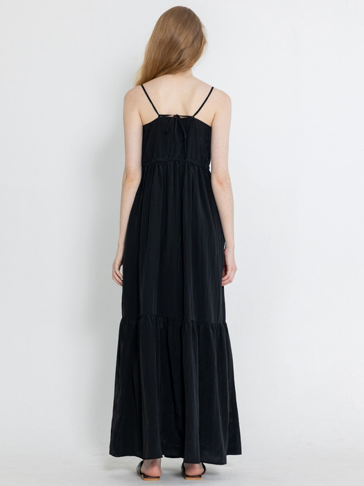 V neck Sleeveless Tiered Long Dress_Black