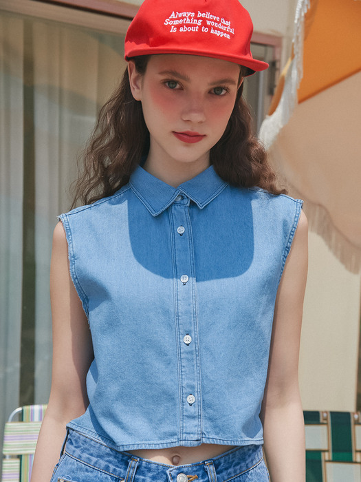 UP-242 슬리브리스 크롭데님셔츠블루 . SLEEVELESS CROP DENIM SHIRTS BLUE