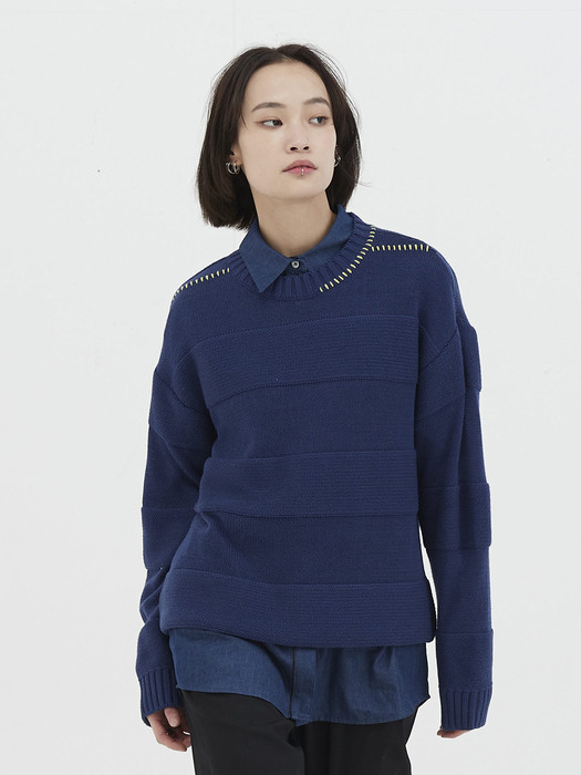 [UNISEX] Hand Stitched Striped Knit Sweater Blue