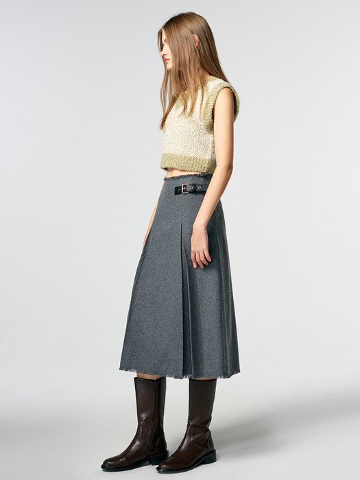 Buckle Pleated Fringe Skirt, Grey