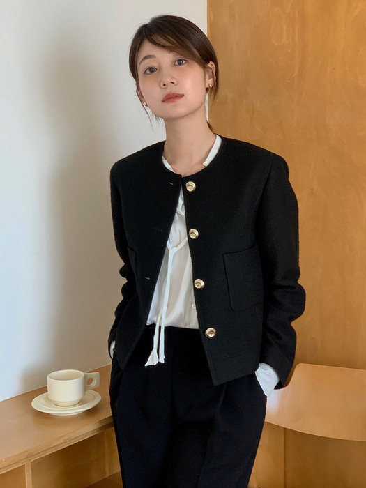 [Tweed] No-collar Stitch Tweed Jacket_3color