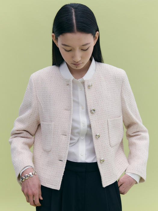No-collar Stitch Tweed Jacket_2color