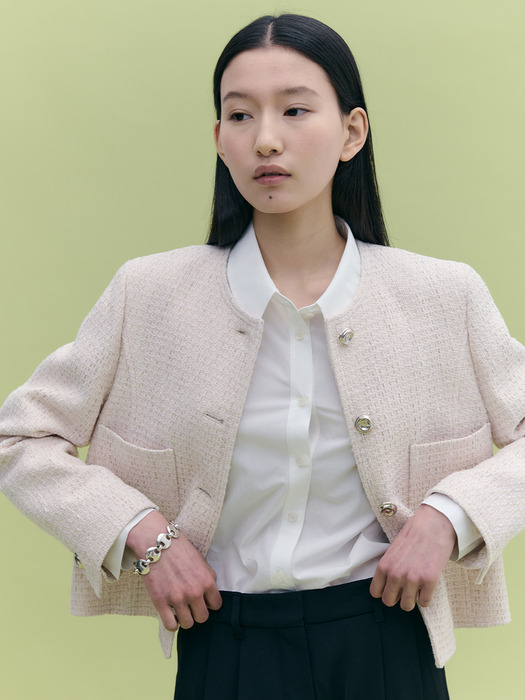 No-collar Stitch Tweed Jacket_2color