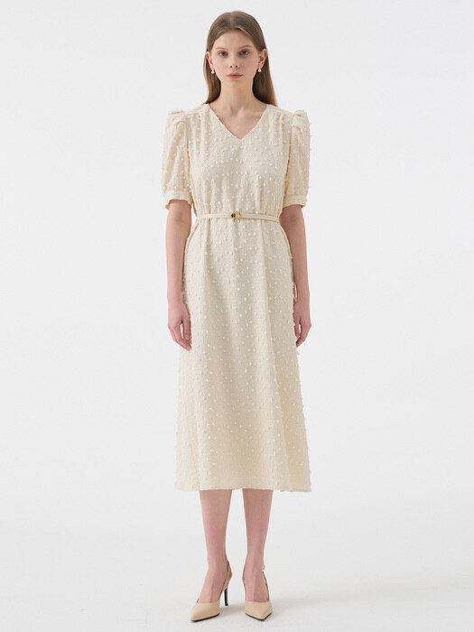 LUCIA Vneck Puff Half Sleeve Belted Dress_Ivory
