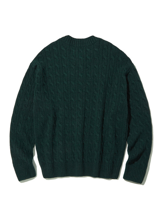 Cable V-neck Wool Sweater_Forest Green