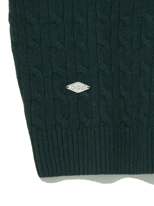 Cable V-neck Wool Sweater_Forest Green