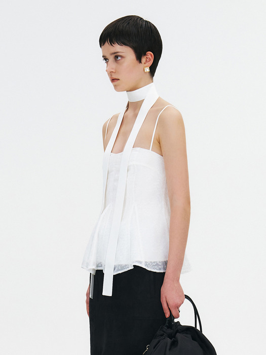 DOUBLE-LAYERED SHEER CAMISOLE BLOUSE WITH NECK STRAP TIE - WHITE