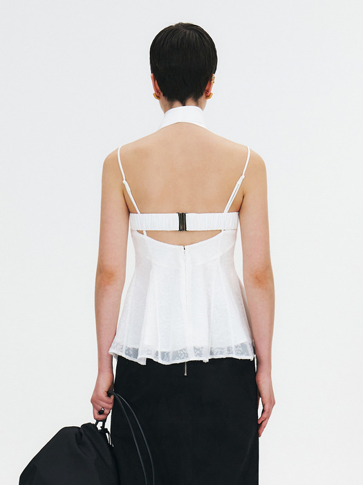 DOUBLE-LAYERED SHEER CAMISOLE BLOUSE WITH NECK STRAP TIE - WHITE