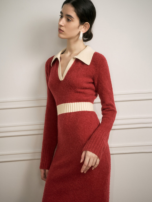 YY_Stitching v-neck knit dress