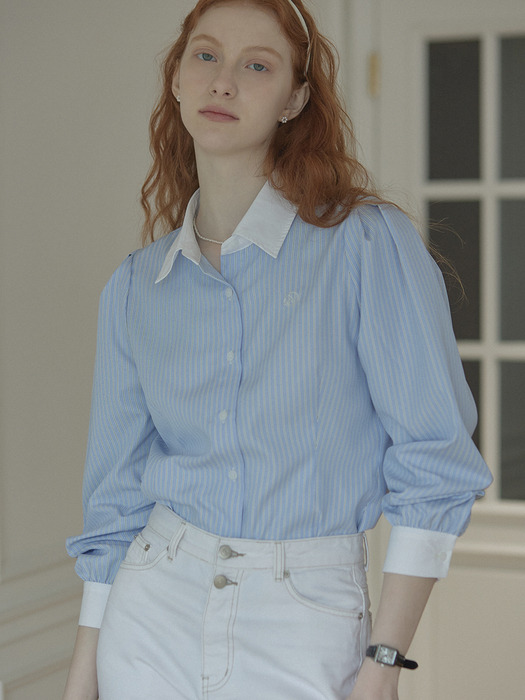 Puff Sleeve Stripe Shirts - Blue