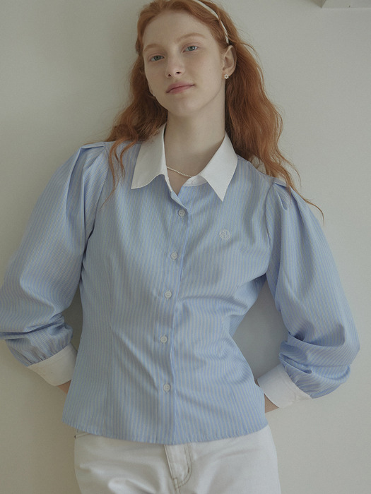 Puff Sleeve Stripe Shirts - Blue