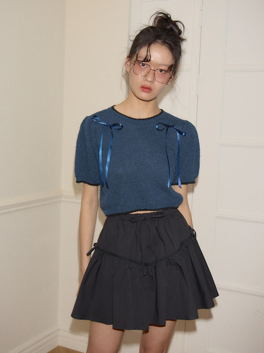 Ribbon Shirring Mini Skirt_ Black