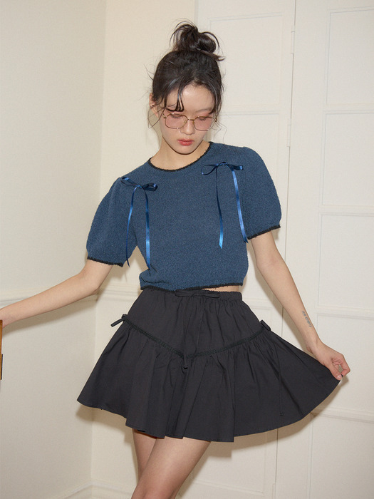 Ribbon Shirring Mini Skirt_ Black