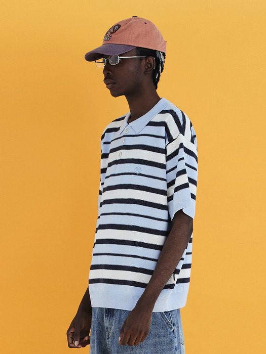 STRIPE KNIT POLO SHIRT / SKY BLUE