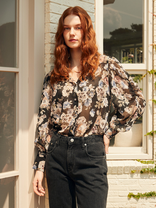 FLOWER PUFF SHIRRING BLOUSE_BLACK FLORAL