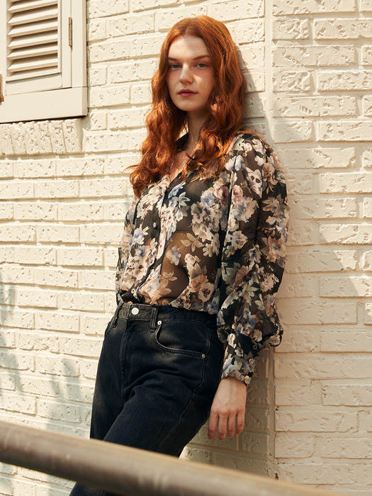 FLOWER PUFF SHIRRING BLOUSE_BLACK FLORAL