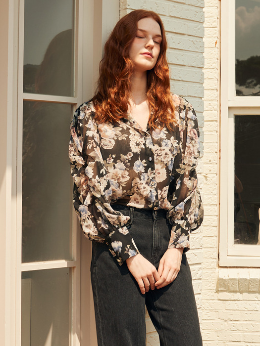 FLOWER PUFF SHIRRING BLOUSE_BLACK FLORAL