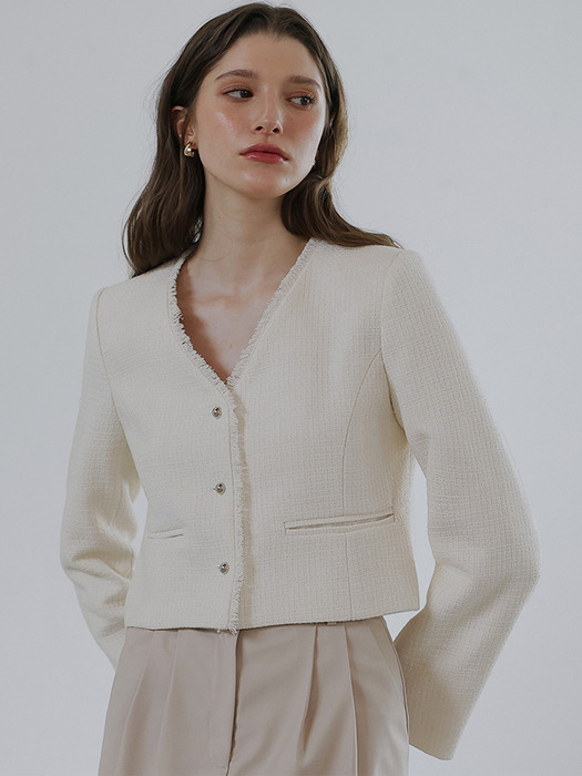 Harry Collarless Tweed Jacket [Ivory]