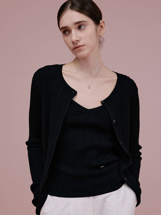 WRINKLE V NECK CARDIGAN SET [BLACK]