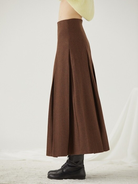 CHECK PLEATED LONG SKIRT [BROWN]