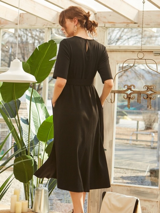 JERSEY BELTED LONG ONE-PIECE BLACK