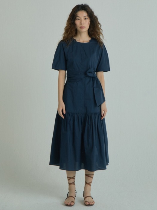 Wide Strap Shirring Dress_Navy