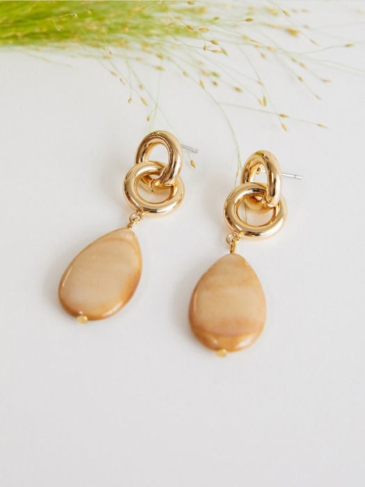 Apricot tear gem with gold double ring earrings 살구색 투톤 보석 귀걸이 셋트